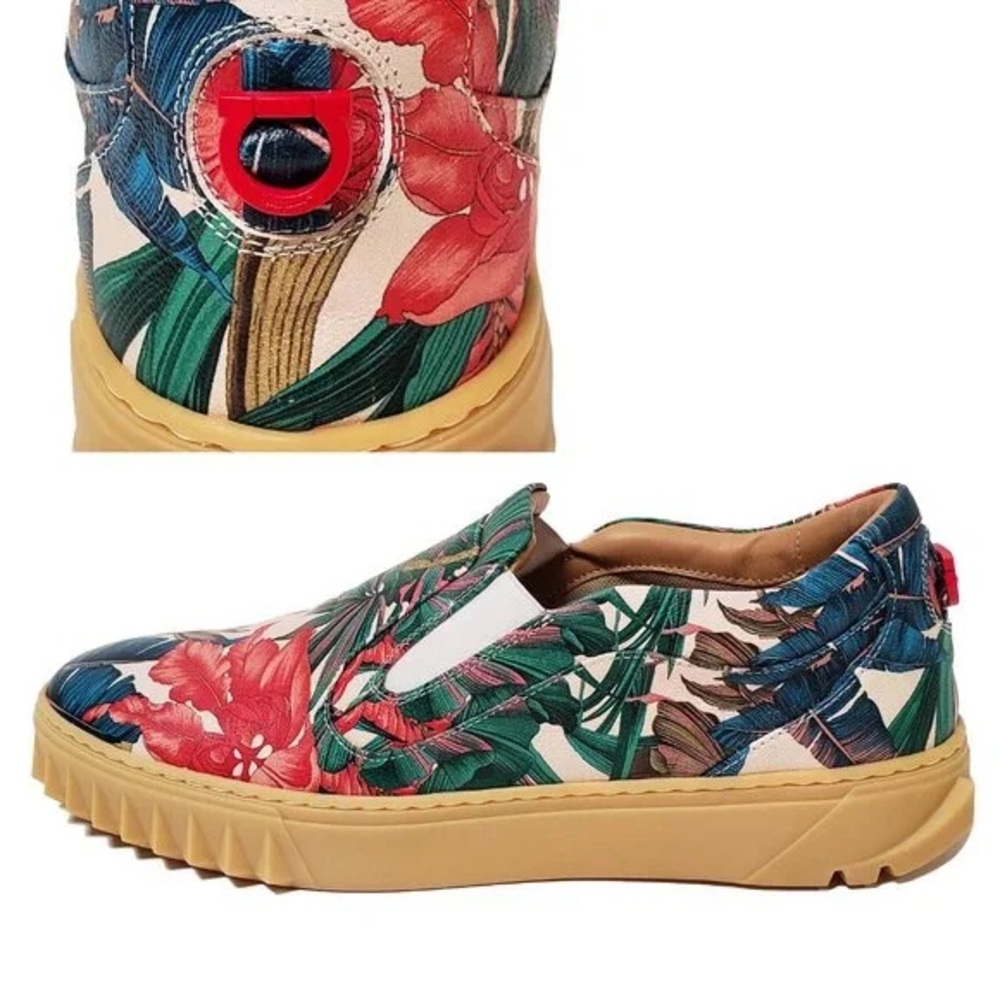 Salvatore Ferragamo Floral-Print Leather Slip-On Sneakers | Made in Italy